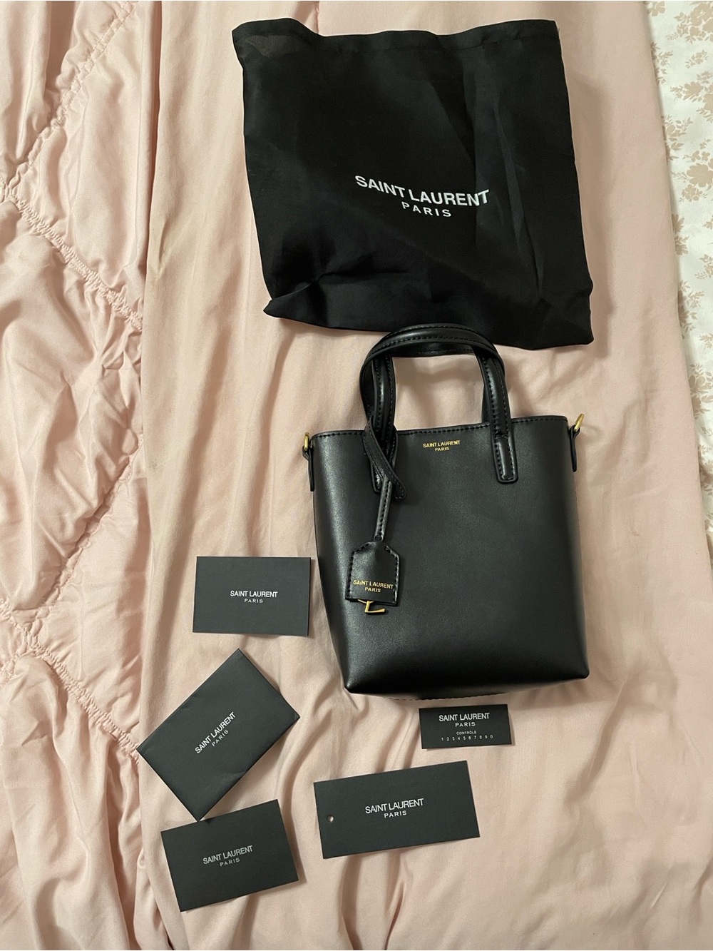 Saint Laurent Black Leather Mini Tote with Gold Hardware